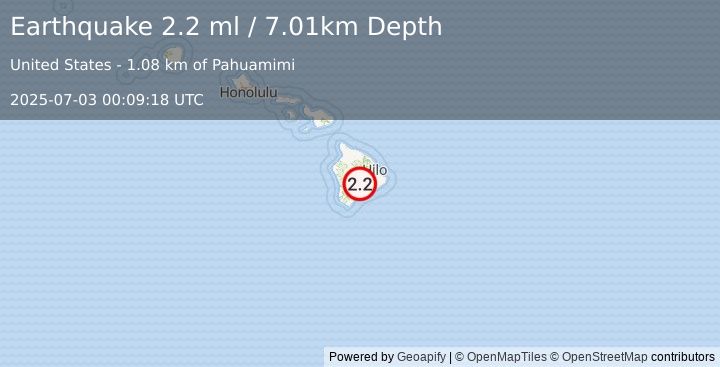 Earthquake 17 km W of Volcano, Hawaii (2.2 ml) (2025-07-03 00:09:18 UTC)