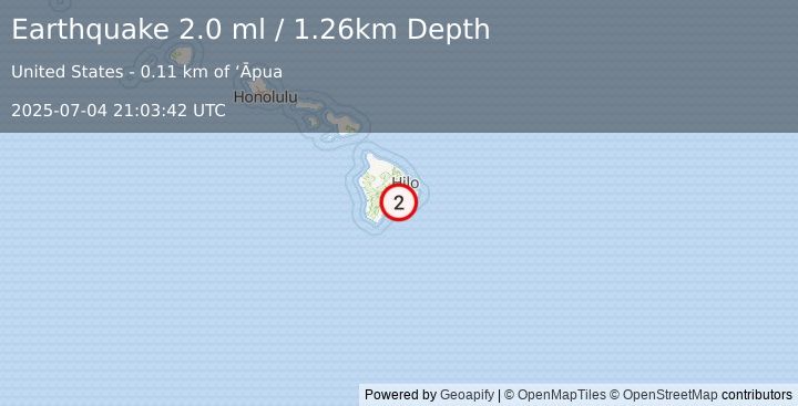 Earthquake 13 km SSE of Volcano, Hawaii (2.0 ml) (2025-07-04 21:03:42 UTC)
