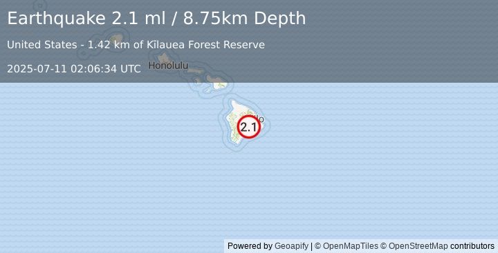 Earthquake 6 km WNW of Volcano, Hawaii (2.1 ml) (2025-07-11 02:06:34 UTC)