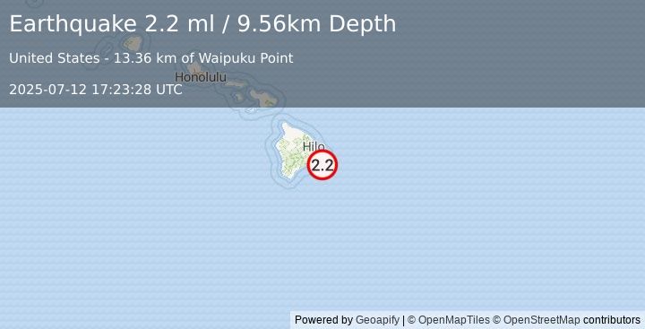 Earthquake 21 km SSE of Leilani Estates, Hawaii (2.2 ml) (2025-07-12 17:23:28 UTC)