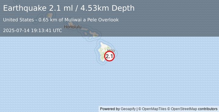 Earthquake 13 km SSE of Volcano, Hawaii (2.1 ml) (2025-07-14 19:13:41 UTC)