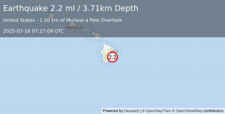 Earthquake 12 km SSE of Volcano, Hawaii (2.2 ml) (2025-07-16 07:27:09 UTC)