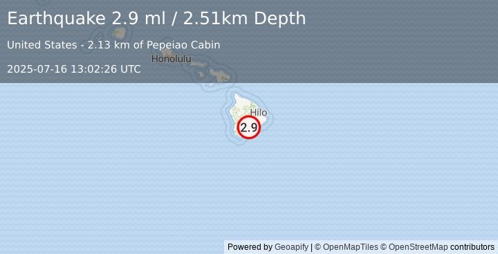 Earthquake 12 km ENE of Pāhala, Hawaii (2.9 ml) (2025-07-16 13:02:26 UTC)
