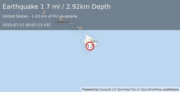 Earthquake 12 km NNE of Pāhala, Hawaii (1.7 ml) (2025-07-17 00:07:23 UTC)