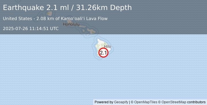 Earthquake 12 km ENE of Pāhala, Hawaii (2.1 ml) (2025-07-26 11:14:51 UTC)