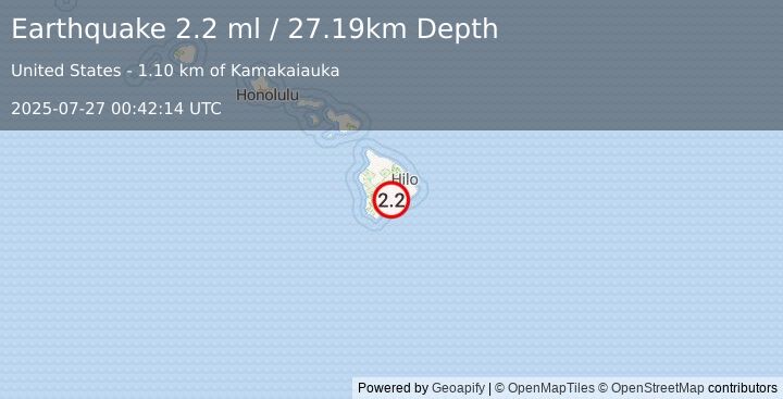 Earthquake 18 km SW of Volcano, Hawaii (2.2 ml) (2025-07-27 00:42:14 UTC)
