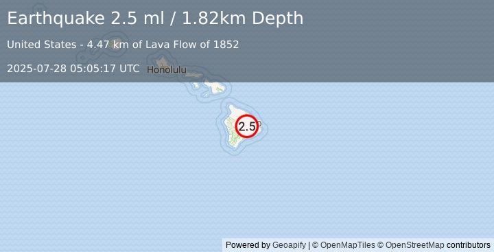 Earthquake 18 km WNW of Mountain View, Hawaii (2.5 ml) (2025-07-28 05:05:17 UTC)