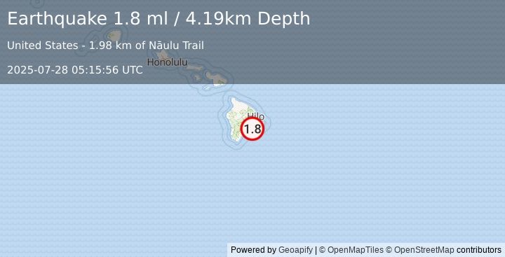 Earthquake 12 km SSE of Volcano, Hawaii (1.8 ml) (2025-07-28 05:15:56 UTC)