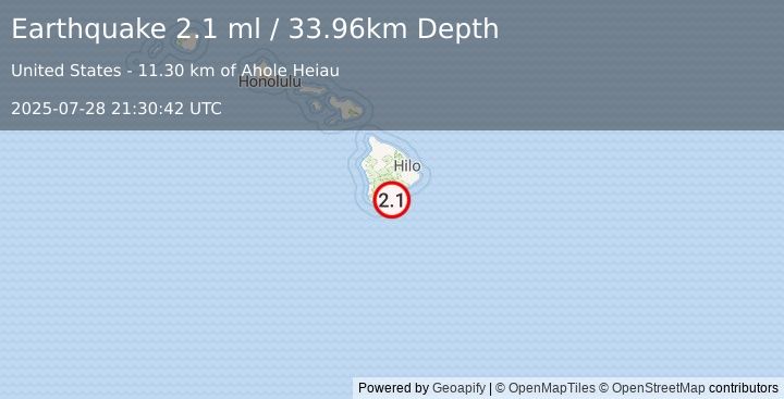 Earthquake 19 km SSE of Pāhala, Hawaii (2.1 ml) (2025-07-28 21:30:42 UTC)