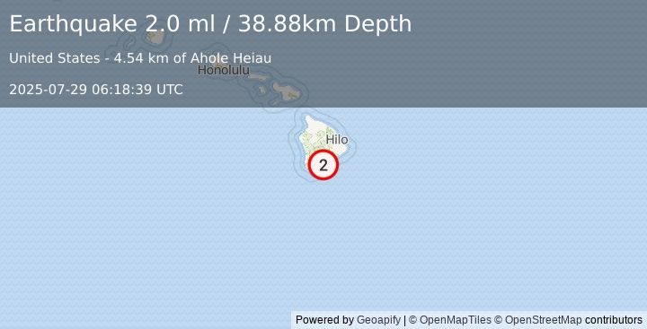 Earthquake 11 km SE of Pāhala, Hawaii (2.0 ml) (2025-07-29 06:18:39 UTC)