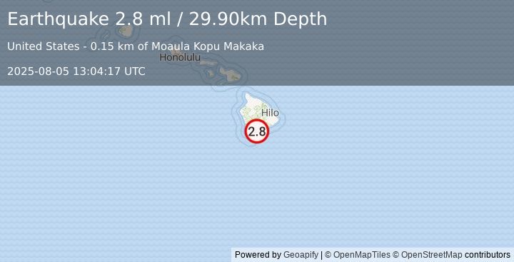 Earthquake 4 km S of Pāhala, Hawaii (2.8 ml) (2025-08-05 13:04:17 UTC)