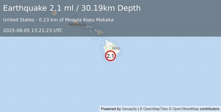 Earthquake 4 km S of Pāhala, Hawaii (2.1 ml) (2025-08-05 13:21:23 UTC)