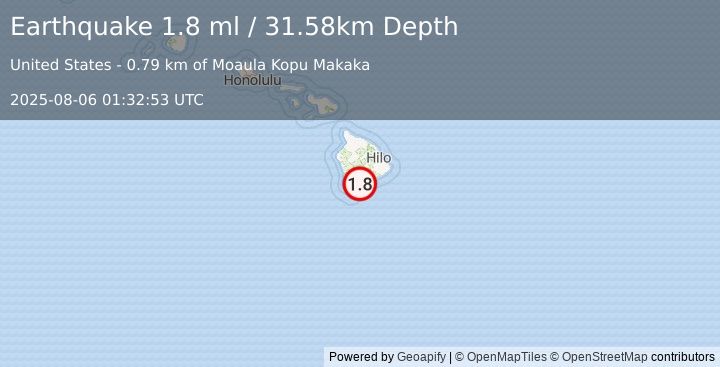 Earthquake 4 km SSW of Pāhala, Hawaii (1.8 ml) (2025-08-06 01:32:53 UTC)