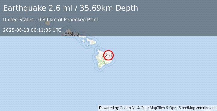 Earthquake 3 km ENE of Pepeekeo, Hawaii (2.6 ml) (2025-08-18 06:11:35 UTC)