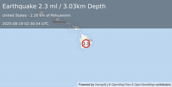 Earthquake 16 km WSW of Volcano, Hawaii (2.3 ml) (2025-08-19 02:30:54 UTC)