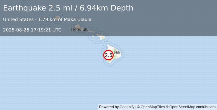Earthquake 13 km NE of Honaunau-Napoopoo, Hawaii (2.5 ml) (2025-08-26 17:19:21 UTC)