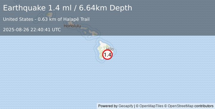 Earthquake 14 km S of Volcano, Hawaii (1.4 ml) (2025-08-26 22:40:41 UTC)