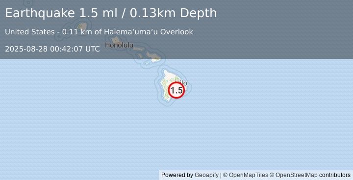 Earthquake 6 km SW of Volcano, Hawaii (1.5 ml) (2025-08-28 00:42:07 UTC)
