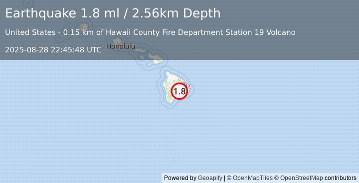 Earthquake 3 km WSW of Volcano, Hawaii (1.8 ml) (2025-08-28 22:45:48 UTC)