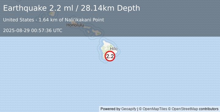 Earthquake 13 km E of Pāhala, Hawaii (2.2 ml) (2025-08-29 00:57:36 UTC)