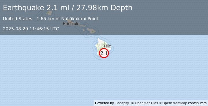 Earthquake 13 km E of Pāhala, Hawaii (2.1 ml) (2025-08-29 11:46:15 UTC)