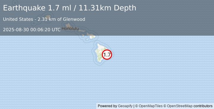 Earthquake 2 km W of Eden Roc, Hawaii (1.7 ml) (2025-08-30 00:06:20 UTC)