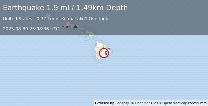 Earthquake 5 km SW of Volcano, Hawaii (1.9 ml) (2025-08-30 23:08:36 UTC)