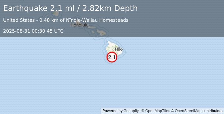 Earthquake 9 km WSW of Pāhala, Hawaii (2.1 ml) (2025-08-31 00:30:45 UTC)