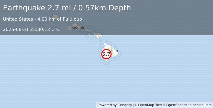 Earthquake 21 km E of Honaunau-Napoopoo, Hawaii (2.7 ml) (2025-08-31 23:30:12 UTC)