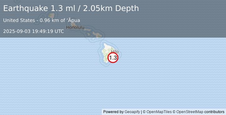 Earthquake 14 km SSE of Volcano, Hawaii (1.3 ml) (2025-09-03 19:49:19 UTC)