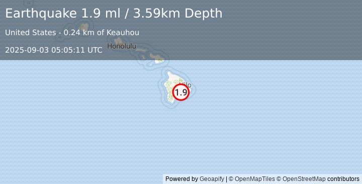 Earthquake 4 km SW of Volcano, Hawaii (1.9 ml) (2025-09-03 05:05:11 UTC)