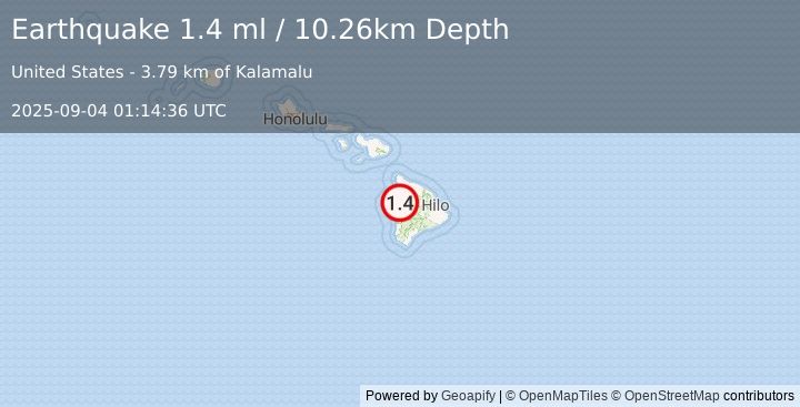 Earthquake 21 km E of Kalaoa, Hawaii (1.4 ml) (2025-09-04 01:14:36 UTC)