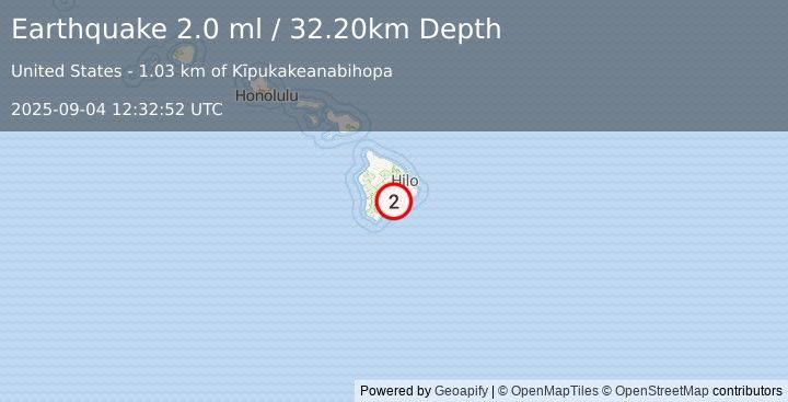 Earthquake 15 km SSW of Volcano, Hawaii (2.0 ml) (2025-09-04 12:32:52 UTC)