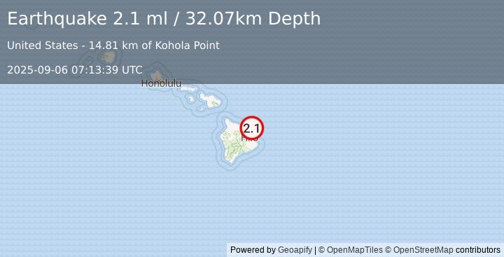 Earthquake 15 km NE of Honomu, Hawaii (2.1 ml) (2025-09-06 07:13:39 UTC)