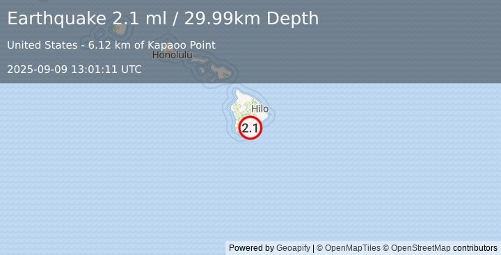 Earthquake 12 km SE of Pāhala, Hawaii (2.1 ml) (2025-09-09 13:01:11 UTC)