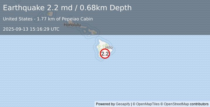 Earthquake 12 km ENE of Pāhala, Hawaii (2.2 md) (2025-09-13 15:16:29 UTC)