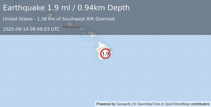 Earthquake 7 km WSW of Volcano, Hawaii (1.9 ml) (2025-09-14 09:49:03 UTC)