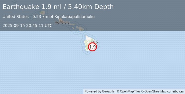 Earthquake 14 km S of Volcano, Hawaii (1.9 ml) (2025-09-15 20:45:11 UTC)