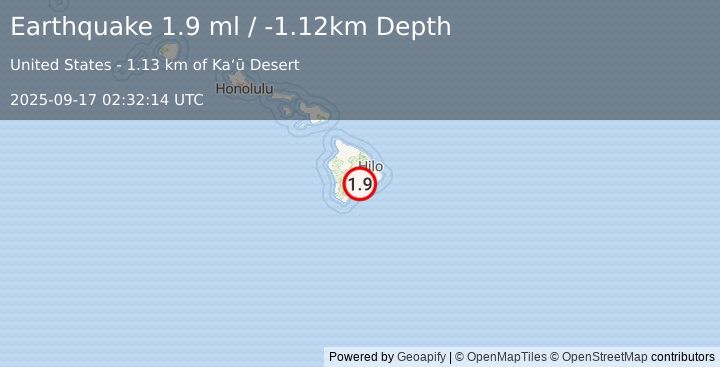 Earthquake 13 km SW of Volcano, Hawaii (1.9 ml) (2025-09-17 02:32:14 UTC)