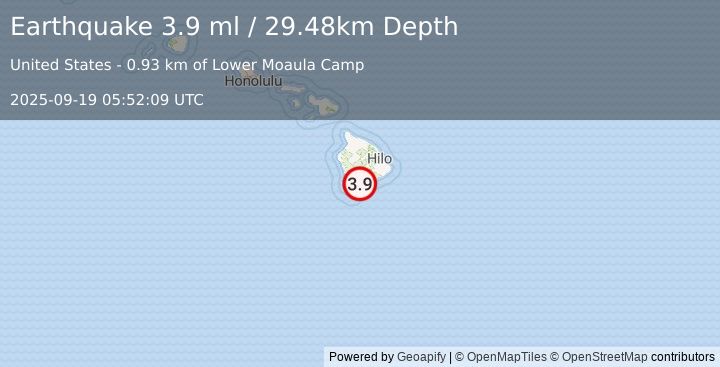 Earthquake 4 km SW of Pāhala, Hawaii (3.9 ml) (2025-09-19 05:52:09 UTC)