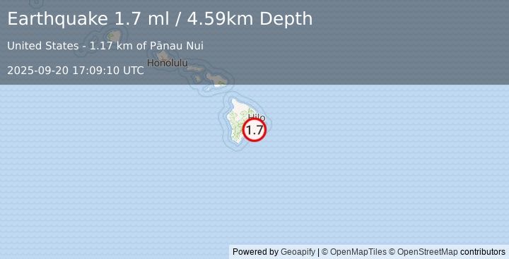 Earthquake 12 km S of Fern Forest, Hawaii (1.7 ml) (2025-09-20 17:09:10 UTC)