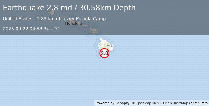 Earthquake 3 km SW of Pāhala, Hawaii (2.8 md) (2025-09-22 04:58:34 UTC)