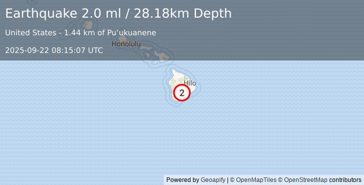 Earthquake 13 km NNE of Pāhala, Hawaii (2.0 ml) (2025-09-22 08:15:07 UTC)