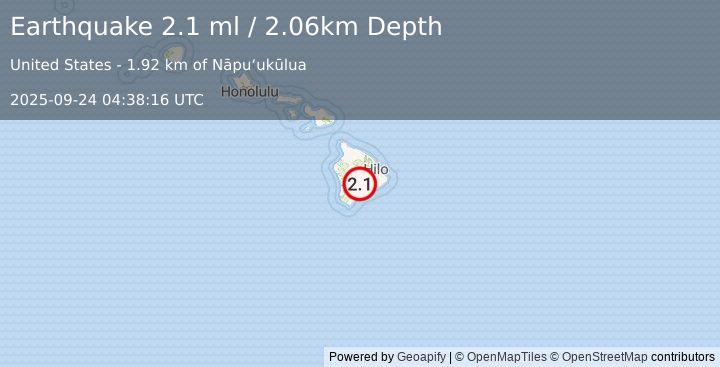 Earthquake 20 km WSW of Volcano, Hawaii (2.1 ml) (2025-09-24 04:38:16 UTC)