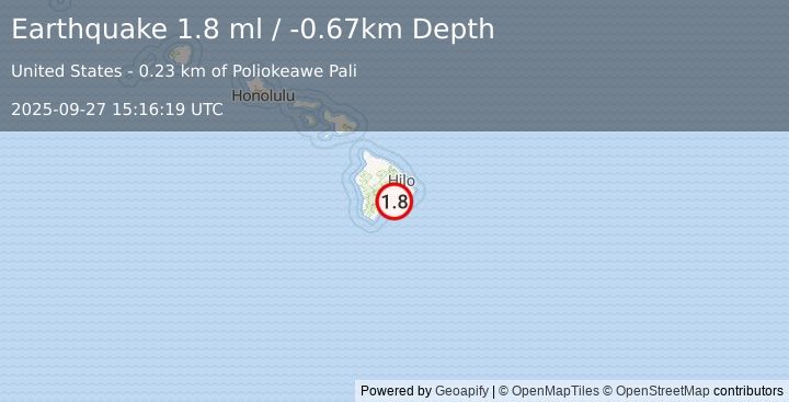 Earthquake 14 km S of Volcano, Hawaii (1.8 ml) (2025-09-27 15:16:19 UTC)