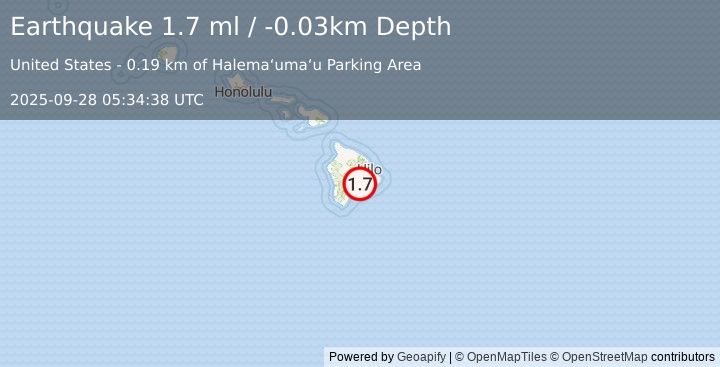 Earthquake 6 km SW of Volcano, Hawaii (1.7 ml) (2025-09-28 05:34:38 UTC)