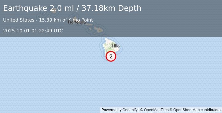 Earthquake 18 km ESE of Naalehu, Hawaii (2.0 ml) (2025-10-01 01:22:49 UTC)