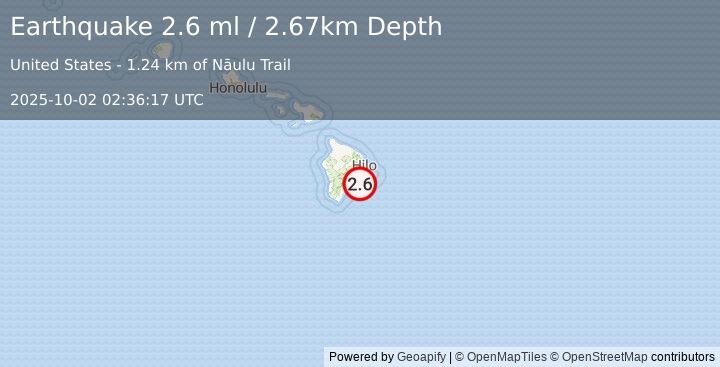 Earthquake 14 km SSE of Volcano, Hawaii (2.6 ml) (2025-10-02 02:36:17 UTC)