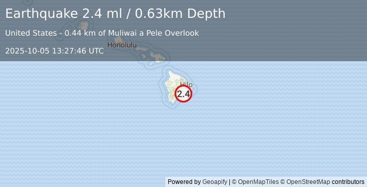 Earthquake 12 km SSE of Volcano, Hawaii (2.4 ml) (2025-10-05 13:27:46 UTC)