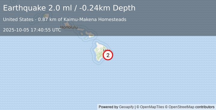 Earthquake 11 km SW of Leilani Estates, Hawaii (2.0 ml) (2025-10-05 17:40:55 UTC)